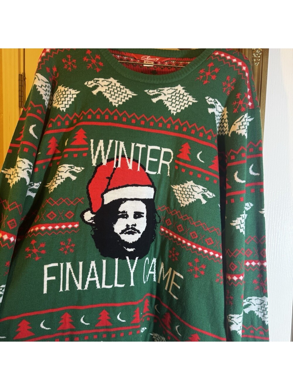 GOT John Snow Winter Finally Came Ugly Sweater Christmas Green Red Stripe XXL